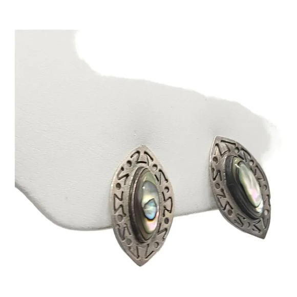 Danny's Taxco Sterling Silver Oval Abstract Screwback Earrings Abalone Inlay - Picture 2 of 4